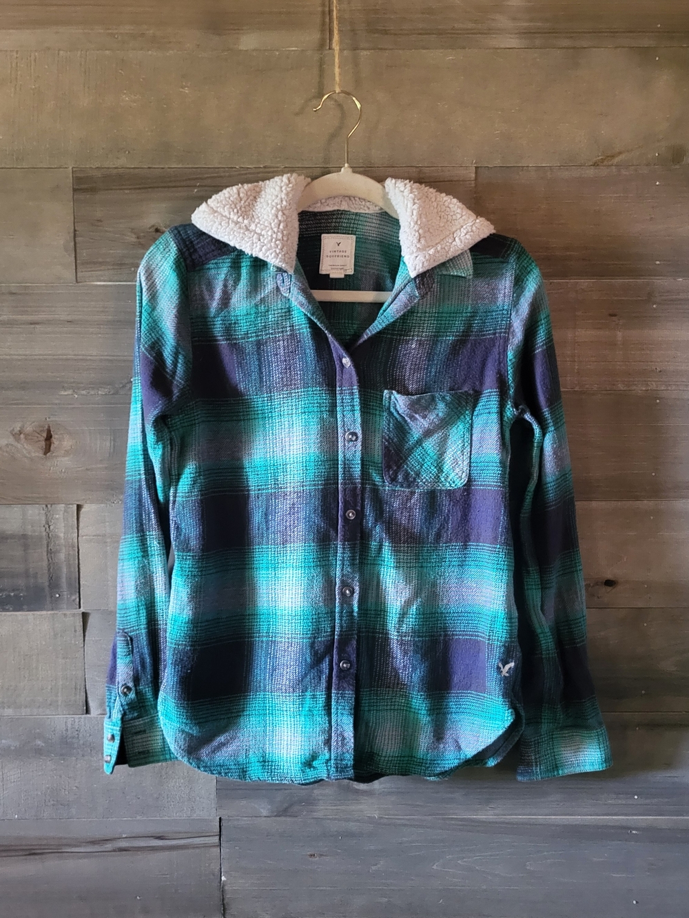 American Eagle Vintage Boyfriend Tartan Hooded Flannel Y2k, Grunge Size XS